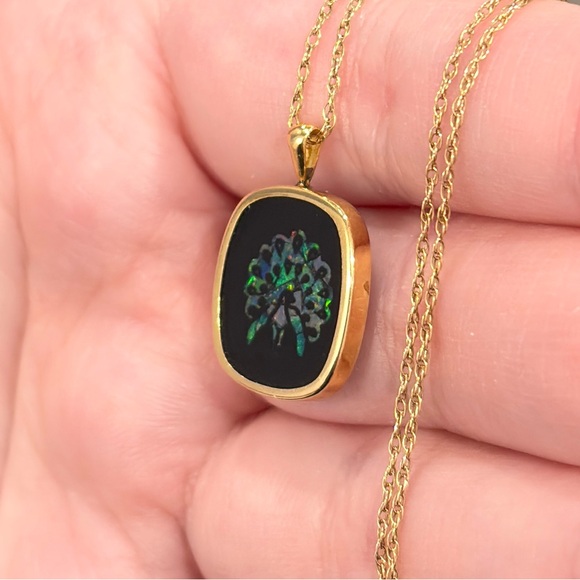 Vintage 14K Opal Peacock Onyx Necklace, Natural Australian, Rainbow Inlay 16” - Picture 11 of 17